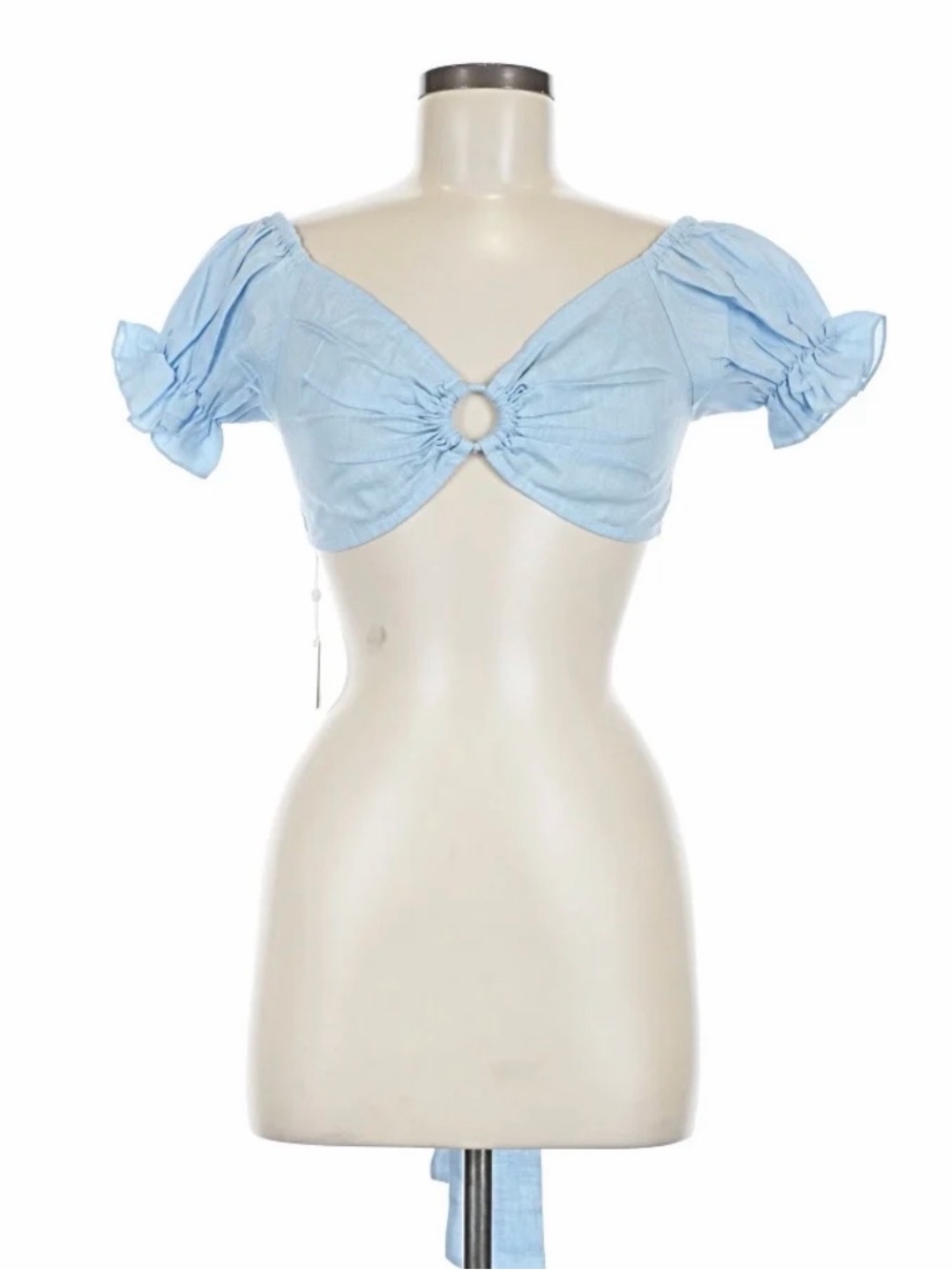 Monday Swimwear Light Blue Linen Puff Sleeve Crop Top with Ring Front